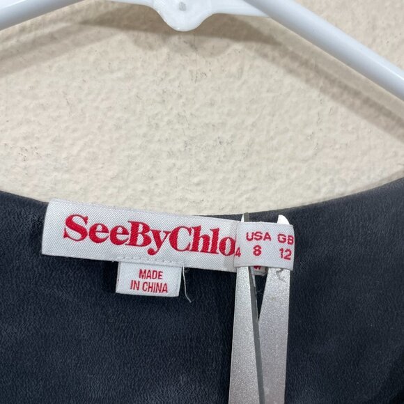 See By Chloe Size US 8 100% Silk Gray‎ Tie Waist Dress Lined Sleeveless Flawed! - Picture 5 of 10